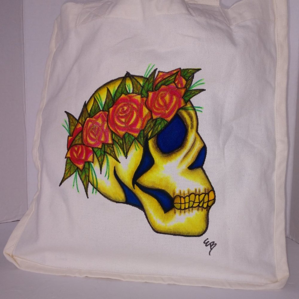Hand-Painted Skull Tote Bag: Floral Rose Crown, Reusable Canvas - Picture 12 of 16